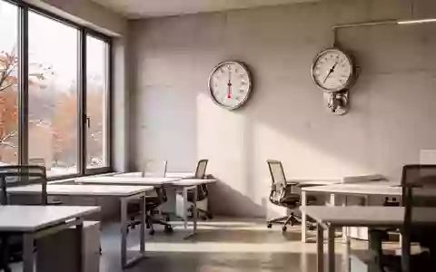 Ein leeres, modernes Büro mit einem Wandthermometer, das die kühle Raumtemperatur verdeutlicht. - Foto: über boerse-global.de