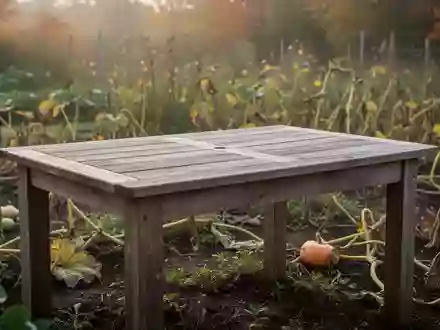 Ein hölzerner Gartentisch in einem herbstlichen Garten mit verwelkten Kürbispflanzen im Hintergrund. - Foto: über boerse-global.de