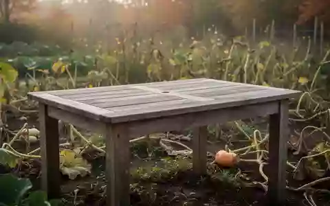 Ein hölzerner Gartentisch in einem herbstlichen Garten mit verwelkten Kürbispflanzen im Hintergrund. - Foto: über boerse-global.de