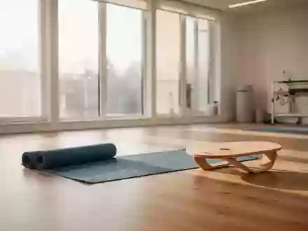 Ein heller, moderner Physiotherapieraum mit Holzboden, einer ausgerollten Yogamatte und einem Balancebrett im natürlichen Licht. - Foto: über boerse-global.de