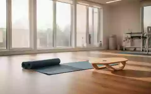 Ein heller, moderner Physiotherapieraum mit Holzboden, einer ausgerollten Yogamatte und einem Balancebrett im natürlichen Licht. - Foto: über boerse-global.de