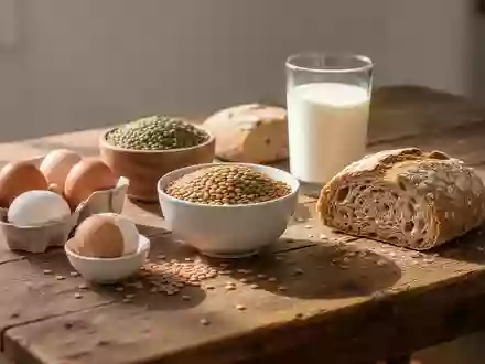 Ein hölzerner Küchentisch mit natürlichen Lebensmitteln wie Eiern, Linsen, Vollkornbrot und Milch bei natürlichem Licht. - Foto: über boerse-global.de