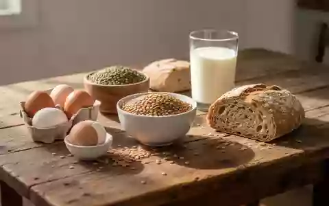 Ein hölzerner Küchentisch mit natürlichen Lebensmitteln wie Eiern, Linsen, Vollkornbrot und Milch bei natürlichem Licht. - Foto: über boerse-global.de
