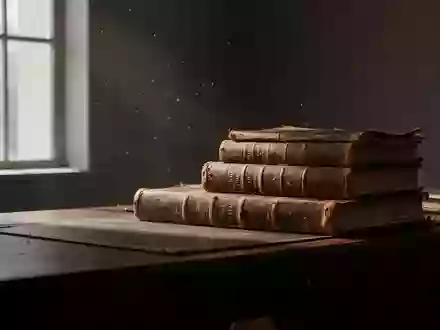 Ein ruhiger Arbeitsbereich mit einem Stapel alter Bücher auf einem Holztisch in einem von natürlichem Licht durchfluteten Raum. - Foto: über boerse-global.de