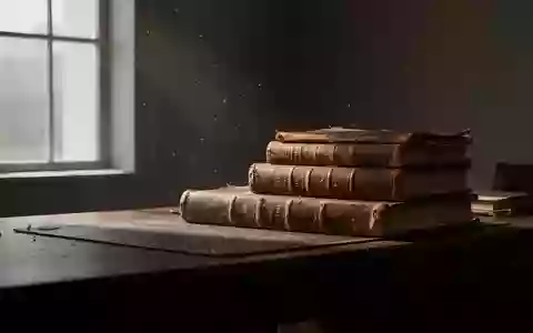 Ein ruhiger Arbeitsbereich mit einem Stapel alter Bücher auf einem Holztisch in einem von natürlichem Licht durchfluteten Raum. - Foto: über boerse-global.de