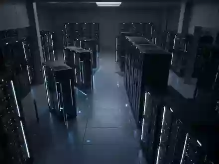 Ein dunkler, minimalistischer Serverraum mit blau beleuchteten Racks, der die komplexe digitale Infrastruktur symbolisiert. - Foto: über boerse-global.de