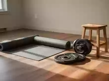 Ein minimalistischer Physiotherapieraum mit einer Yogamatte und Hantelscheiben auf einem Holzboden in natürlichem Licht. - Foto: über boerse-global.de