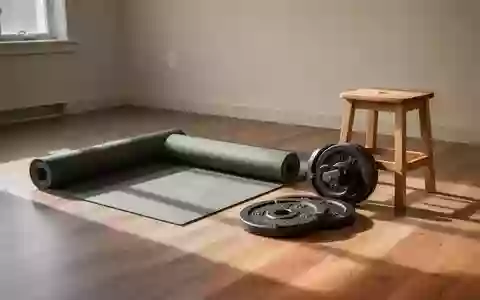 Ein minimalistischer Physiotherapieraum mit einer Yogamatte und Hantelscheiben auf einem Holzboden in natürlichem Licht. - Foto: über boerse-global.de