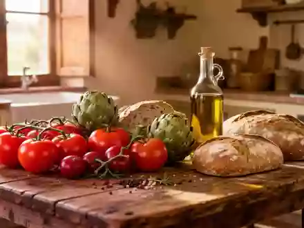 Frische mediterrane Lebensmittel wie Tomaten, Artischocken und Olivenöl auf einem rustikalen Holztisch in der Toskana. - Foto: über boerse-global.de