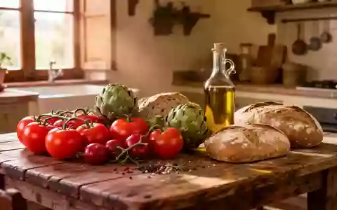Frische mediterrane Lebensmittel wie Tomaten, Artischocken und Olivenöl auf einem rustikalen Holztisch in der Toskana. - Foto: über boerse-global.de