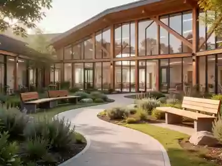 Ein modern gestalteter, barrierefreier Garten einer Pflegeeinrichtung mit geschwungenen Wegen und großen Glasfronten. - Foto: über boerse-global.de