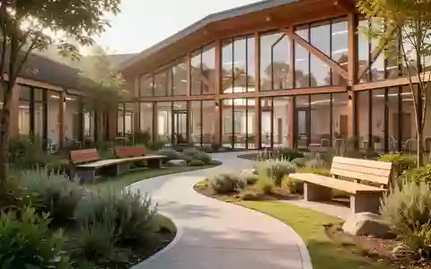 Ein modern gestalteter, barrierefreier Garten einer Pflegeeinrichtung mit geschwungenen Wegen und großen Glasfronten. - Foto: über boerse-global.de