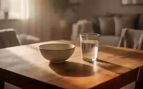 Ein sonnendurchfluteter, hölzerner Esstisch mit einer schlichten Schale und einem Glas in einer ruhigen, häuslichen Umgebung. - Foto: über boerse-global.de