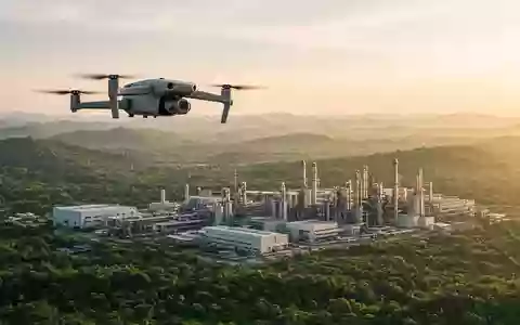 Eine moderne Drohne über einer weitläufigen Industrielandschaft bei Sonnenuntergang. - Foto: über boerse-global.de