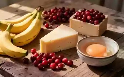 Frische, unverarbeitete Lebensmittel wie Bananen, Cranberrys, Käse und ein Ei auf einem Holztisch. - Foto: über boerse-global.de