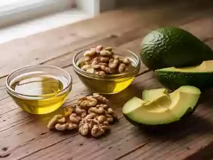 Nahaufnahme von natürlichen Lebensmitteln wie Olivenöl, Walnüssen und Avocado auf einem Holztisch bei natürlichem Licht. - Foto: über boerse-global.de