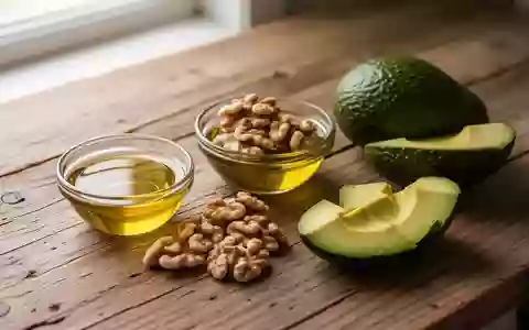 Nahaufnahme von natürlichen Lebensmitteln wie Olivenöl, Walnüssen und Avocado auf einem Holztisch bei natürlichem Licht. - Foto: über boerse-global.de
