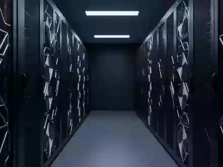Modernes, minimalistisches Serverraum-Interieur mit blau beleuchteten Server-Racks und geometrischen Metallstrukturen. - Foto: über boerse-global.de