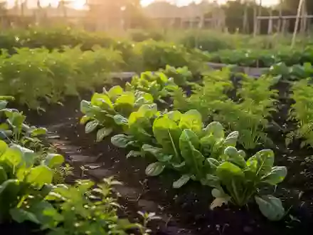 Ein sonnendurchfluteter Gemüsegarten mit frischem Grün und fruchtbarem Boden in weichem Tageslicht. - Foto: über boerse-global.de