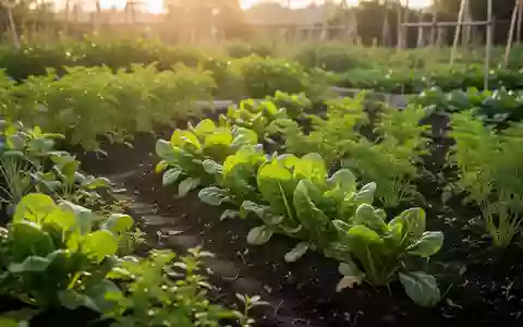 Ein sonnendurchfluteter Gemüsegarten mit frischem Grün und fruchtbarem Boden in weichem Tageslicht. - Foto: über boerse-global.de