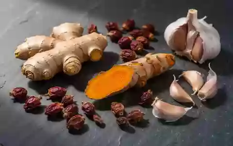 Frischer Ingwer, Kurkuma, Hagebutten und Knoblauch auf einem dunklen Steinhintergrund. - Foto: über boerse-global.de