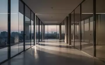 Ein moderner, minimalistischer Büroflur mit Glaswänden und polierten Betonböden bei Dämmerung. - Foto: über boerse-global.de