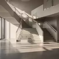 Minimalistische architektonische Treppe in einem modernen Bürogebäude mit geometrischen Schatten auf Betonboden. - Foto: über boerse-global.de