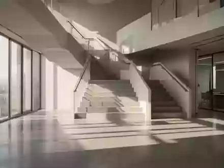Minimalistische architektonische Treppe in einem modernen BĂŒrogebĂ€ude mit geometrischen Schatten auf Betonboden. - Foto: ĂŒber boerse-global.de
