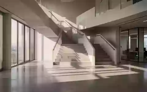 Minimalistische architektonische Treppe in einem modernen Bürogebäude mit geometrischen Schatten auf Betonboden. - Foto: über boerse-global.de