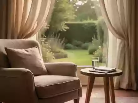Ein ruhiges, sonnendurchflutetes Wohnzimmer mit einem bequemen Sessel und Blick in einen Garten. - Foto: über boerse-global.de