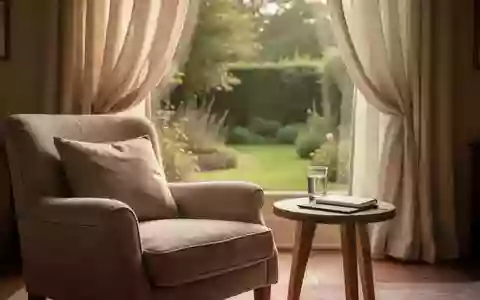 Ein ruhiges, sonnendurchflutetes Wohnzimmer mit einem bequemen Sessel und Blick in einen Garten. - Foto: über boerse-global.de
