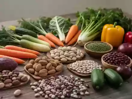 Nahaufnahme von frischem, unverarbeitetem Gemüse, Nüssen und Hülsenfrüchten auf einem rustikalen Holztisch. - Foto: über boerse-global.de