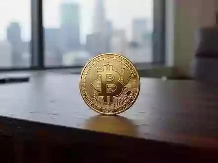 Eine goldene Bitcoin-Münze auf einem dunklen Schreibtisch in einem modernen Büro. - Foto: über boerse-global.de