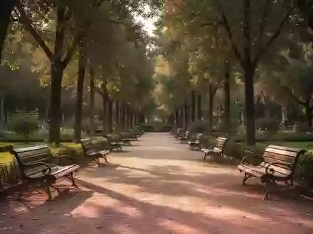 Leere Parkbänke auf einem von Bäumen gesäumten Weg in einem sonnigen Garten bei Barcelona. - Foto: über boerse-global.de