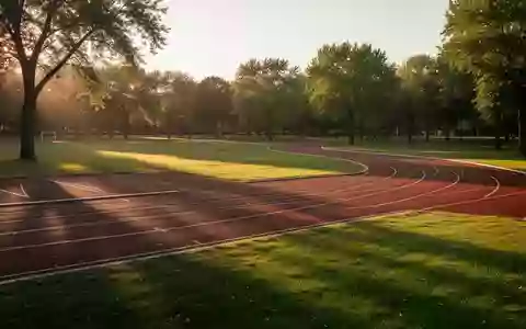 Eine leere Laufbahn in einem Park bei Sonnenuntergang, umgeben von grünen Wiesen und Bäumen. - Foto: über boerse-global.de