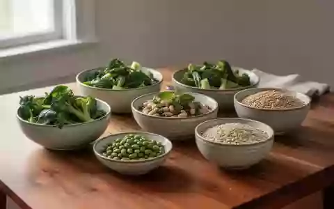 Ein gesundes, ausgewogenes Mittagessen mit Gemüse und Hülsenfrüchten auf einem Holztisch bei natürlichem Licht. - Foto: über boerse-global.de