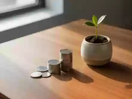 Ein minimalistischer Holztisch mit einer kleinen Münzsammlung und einem grünen Keimling in einem Topf als Symbol für Altersvorsorge. - Foto: über boerse-global.de