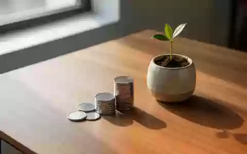 Ein minimalistischer Holztisch mit einer kleinen Münzsammlung und einem grünen Keimling in einem Topf als Symbol für Altersvorsorge. - Foto: über boerse-global.de