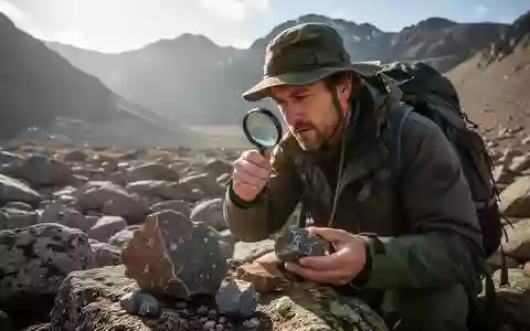 Geologe bei der Untersuchung von Gesteinsproben in einer bergigen Landschaft während der Feldarbeit. - Foto: über boerse-global.de