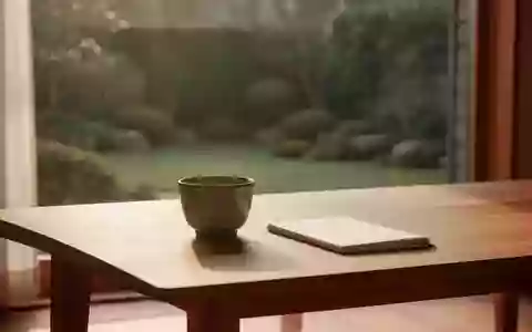 Ein minimalistischer Holztisch mit einer Keramiktasse in sanftem Morgenlicht vor einem ruhigen Gartenblick. - Foto: über boerse-global.de