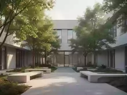 Innenhof eines modernen medizinischen Zentrums mit gepflegtem Garten und minimalistischer Architektur. - Foto: über boerse-global.de