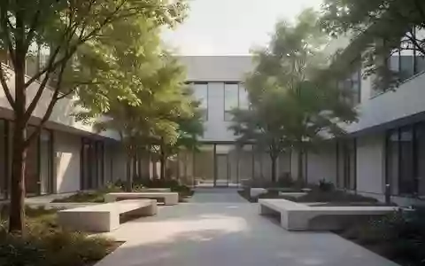 Innenhof eines modernen medizinischen Zentrums mit gepflegtem Garten und minimalistischer Architektur. - Foto: über boerse-global.de