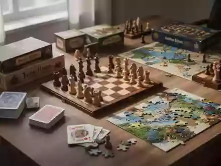 Ein hölzerner Tisch mit verschiedenen strategischen Brettspielen, einem Kartenspiel und einem unvollständigen Puzzle. - Foto: über boerse-global.de
