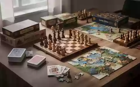 Ein hölzerner Tisch mit verschiedenen strategischen Brettspielen, einem Kartenspiel und einem unvollständigen Puzzle. - Foto: über boerse-global.de