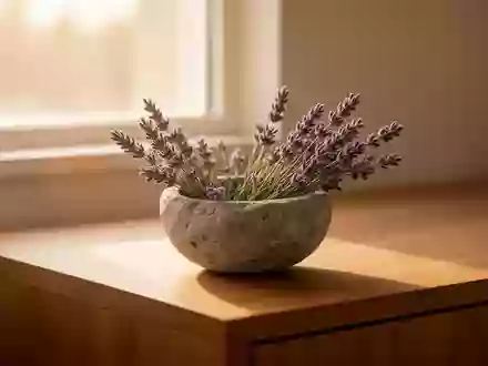 Ein minimalistischer Raum mit sanftem Tageslicht und einer kleinen Schale mit Lavendel auf einer Holzoberfläche. - Foto: über boerse-global.de