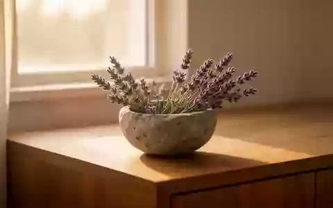 Ein minimalistischer Raum mit sanftem Tageslicht und einer kleinen Schale mit Lavendel auf einer Holzoberfläche. - Foto: über boerse-global.de