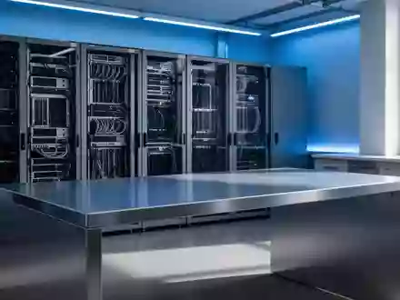 Ein minimalistisches, modernes Forschungslabor mit hochwertigen Computer-Server-Racks im Hintergrund bei natürlichem Licht. - Foto: über boerse-global.de