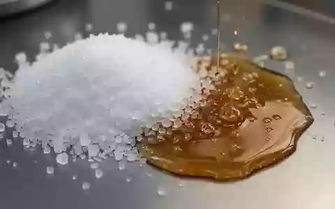 Nahaufnahme von weißem Haushaltszucker neben einer zähflüssigen, bernsteinfarbenen Sirup-Flüssigkeit auf einer Edelstahloberfläche. - Foto: über boerse-global.de