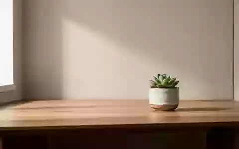 Ein minimalistischer, aufgeräumter Arbeitsplatz mit einem hölzernen Schreibtisch, einer kleinen Pflanze und natürlichem Licht. - Foto: über boerse-global.de