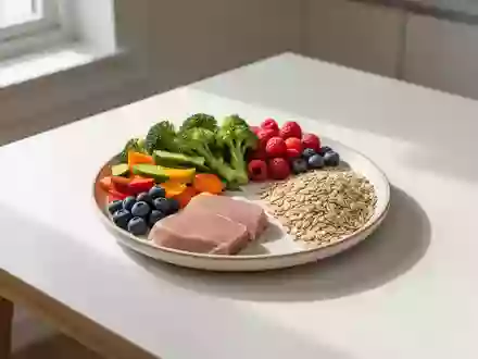 Ein Teller mit einer ausgewogenen Mahlzeit aus frischem Gemüse, Proteinen und Vollkornprodukten auf einem Holztisch. - Foto: über boerse-global.de